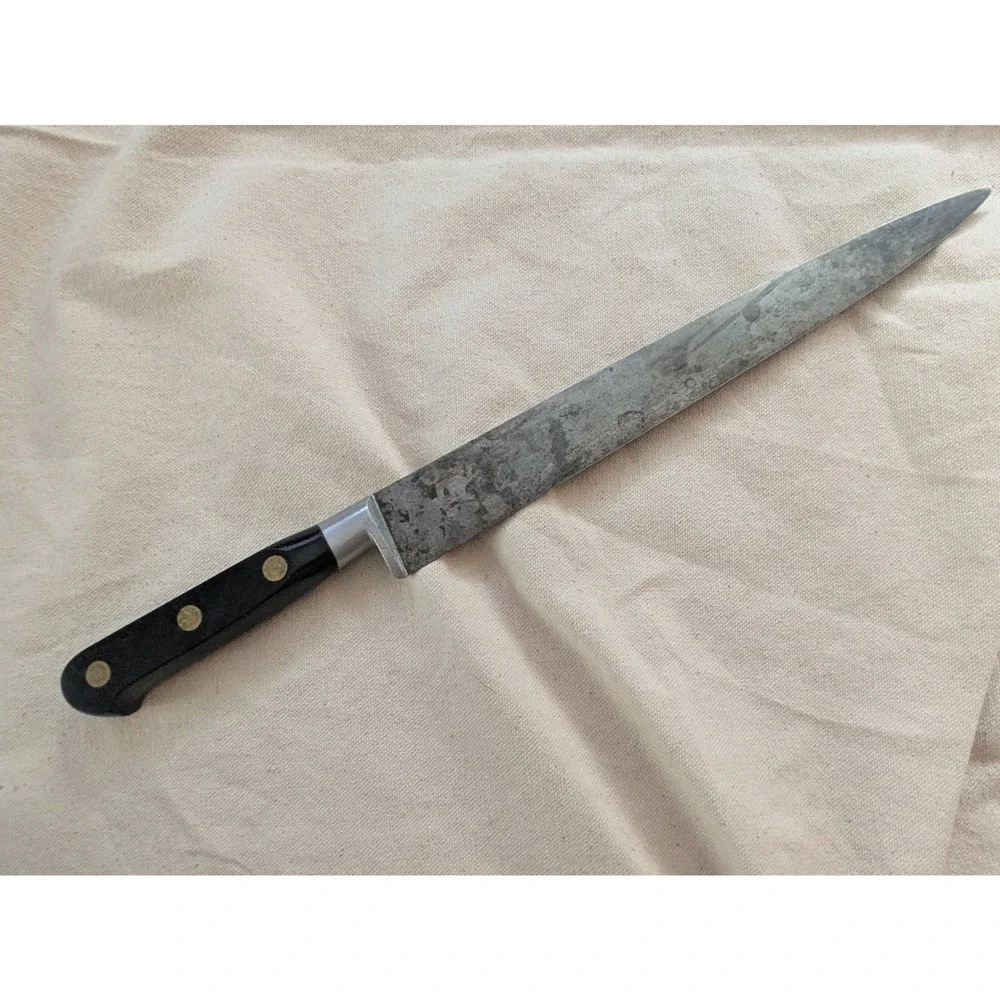 Vintage Sabatier Carbon Steel Slicing Knife 9 Inch Blade Brass Rivets France